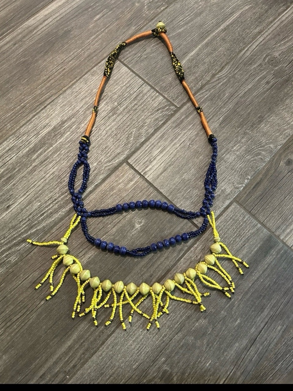 NWOT Noonday Collection Necklace Uganda Handcrafted paper glass beads Yellow Blu